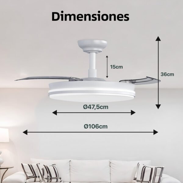 Ventilador de Techo con Luz LED y Mando a Distancia, 3 Aspas Retractiles