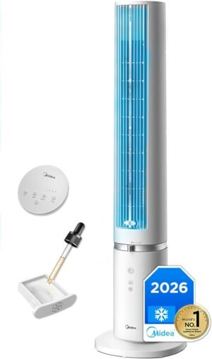 Midea Ventilador de Torre 4 Velocidades, Silencioso 28dB, Aromaterapia