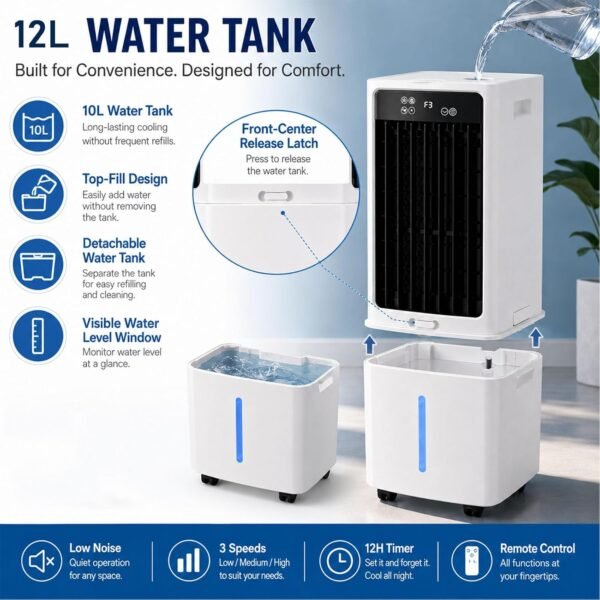 Climatizador Evaporativo Portatil 12L, Silencioso, 3 Velocidades