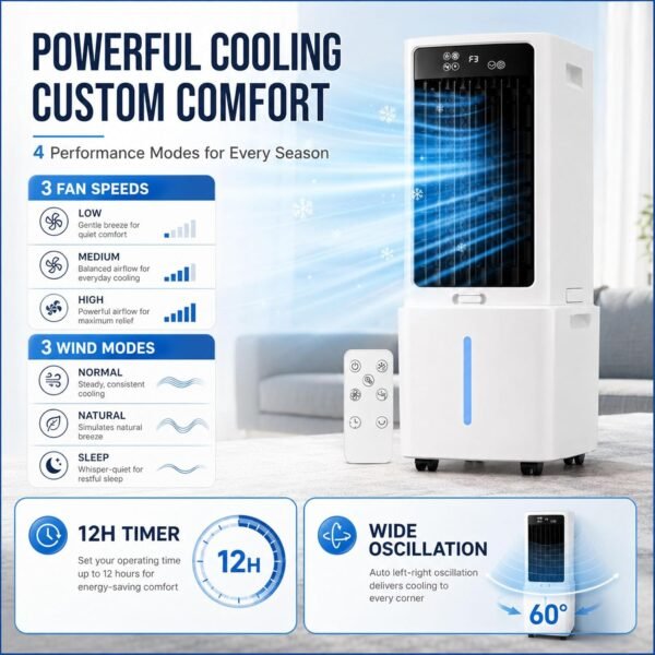 Climatizador Evaporativo Portatil 12L, Silencioso, 3 Velocidades