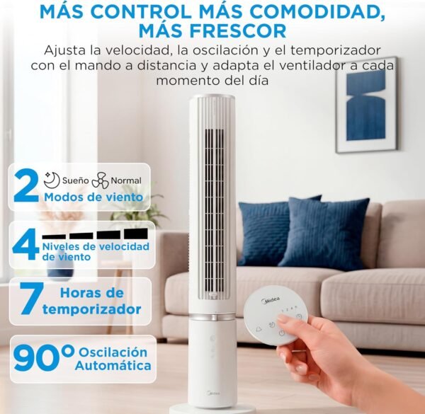 Midea Ventilador de Torre 4 Velocidades, Silencioso 28dB, Aromaterapia